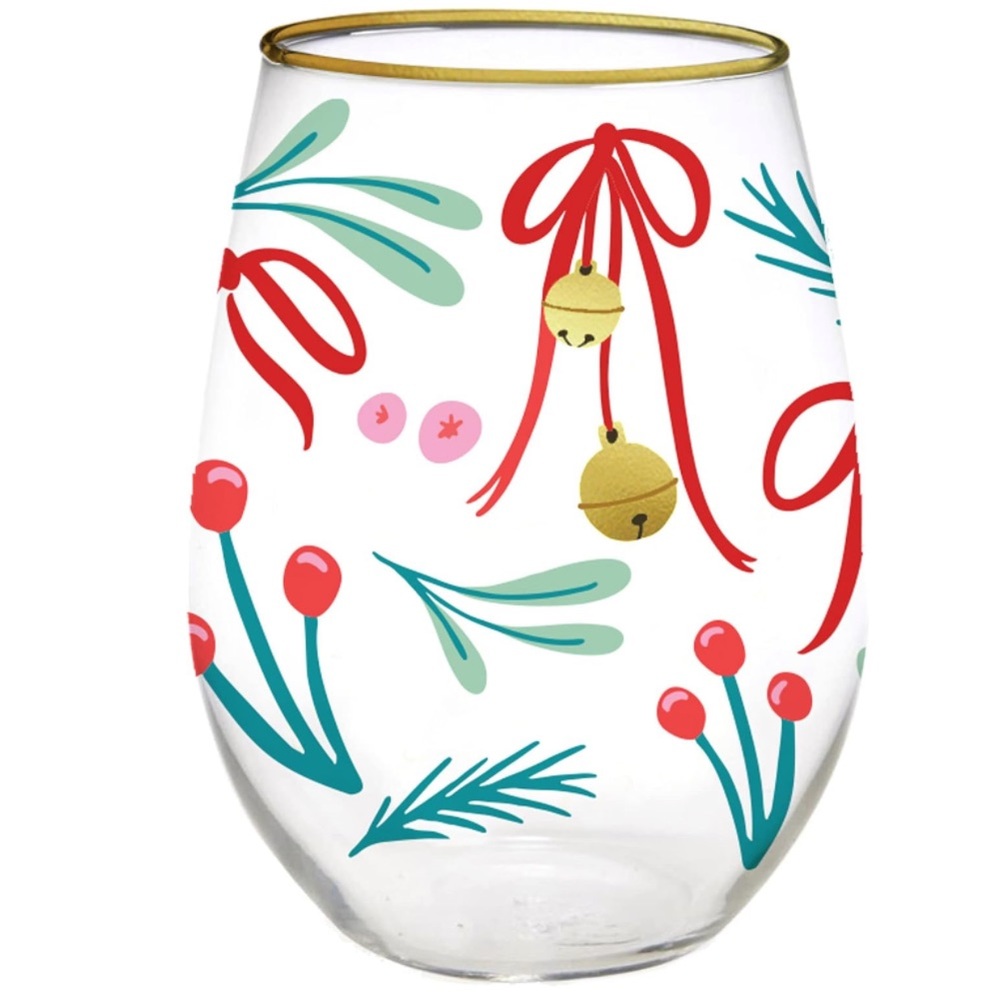 NEW Mary Square Happy Tines Jingle Bells  Stemless Wine Glass